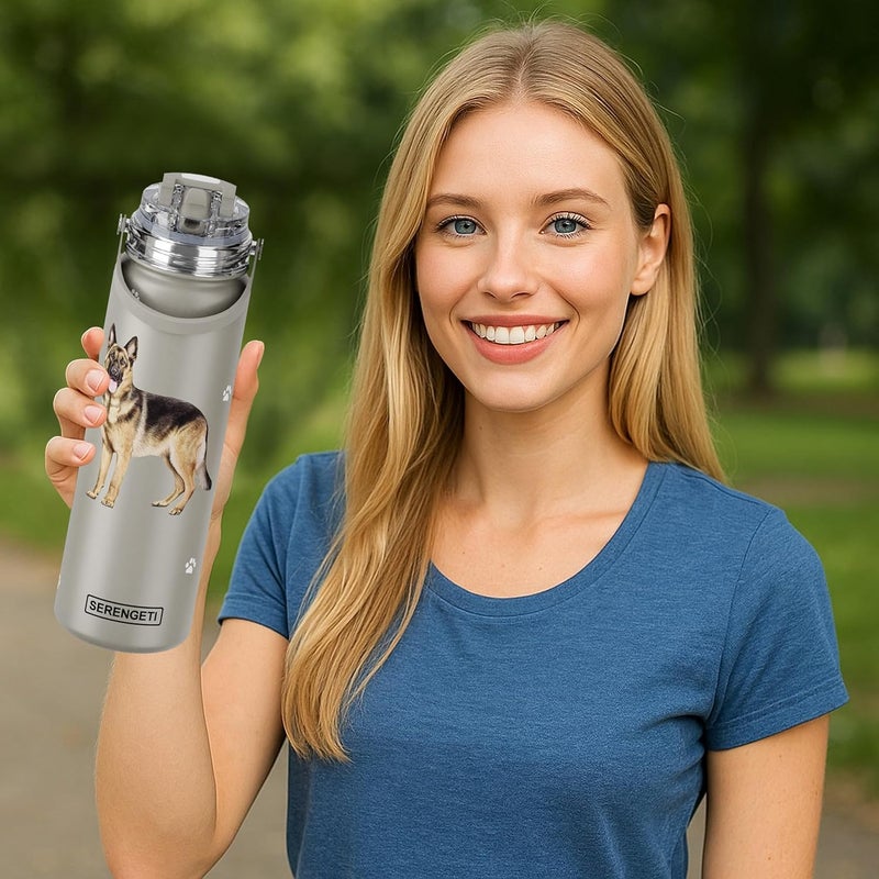 ES Pets SERENGETI 24 Oz Water Bottle Stainless Steel with Spill Proof Lid - Double walled Vacuum Insulated water flask - Realistic 3D Print of your favorite dog (German Shepherd) - Image 2